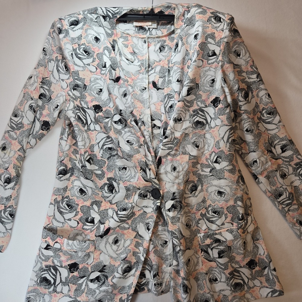 Vtg Lady Carol New York Floral Jacket Womens Size 12 Pink Black White Rose Print